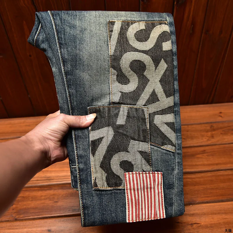 2024 New Light Luxury High End Jeans Men'S Slim Fit Straight Patch Retro Blue Versatile Fashion Elastic Casual Denim Pants