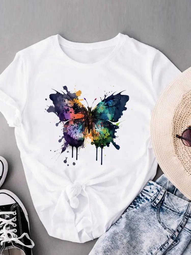 

Футболка женская с рисунком, модный топ с коротким рукавом, с акварельным рисунком, с бабочкой, в мультяшном стиле, повседневная одежда