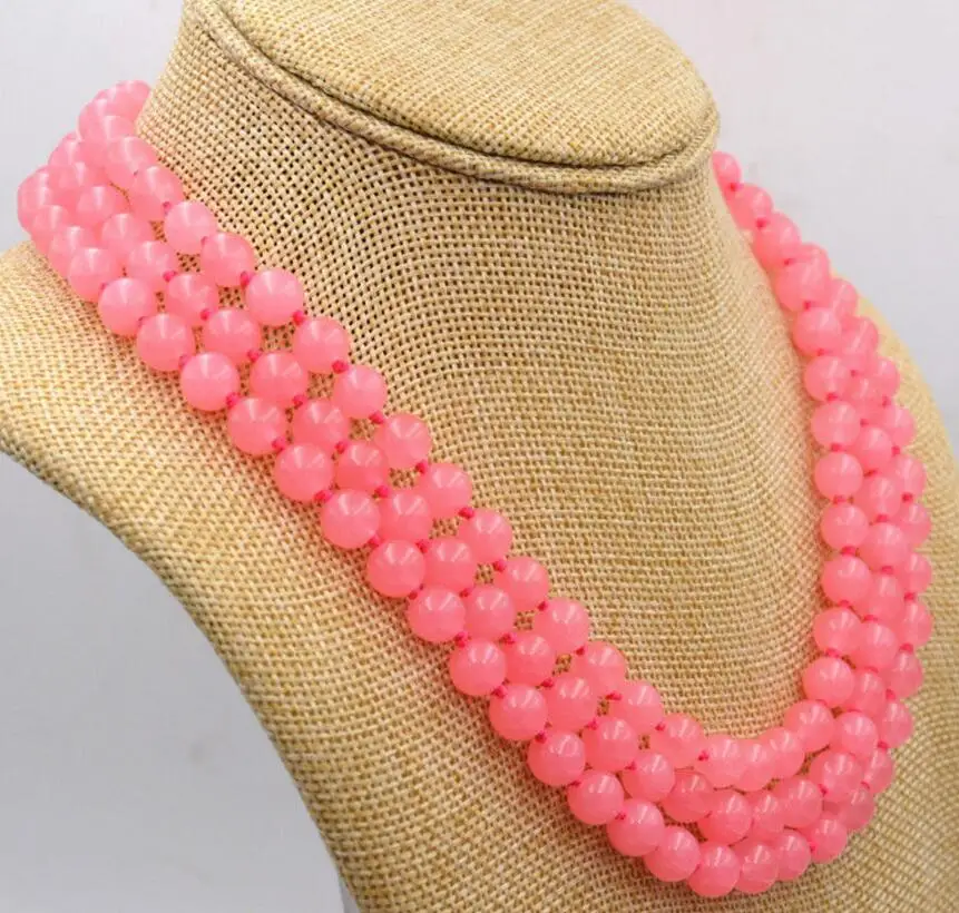 

Hot sell NEW Fashion 3 rows of 8 mm pink jade bead jewelry necklace 17-19 inchAAA