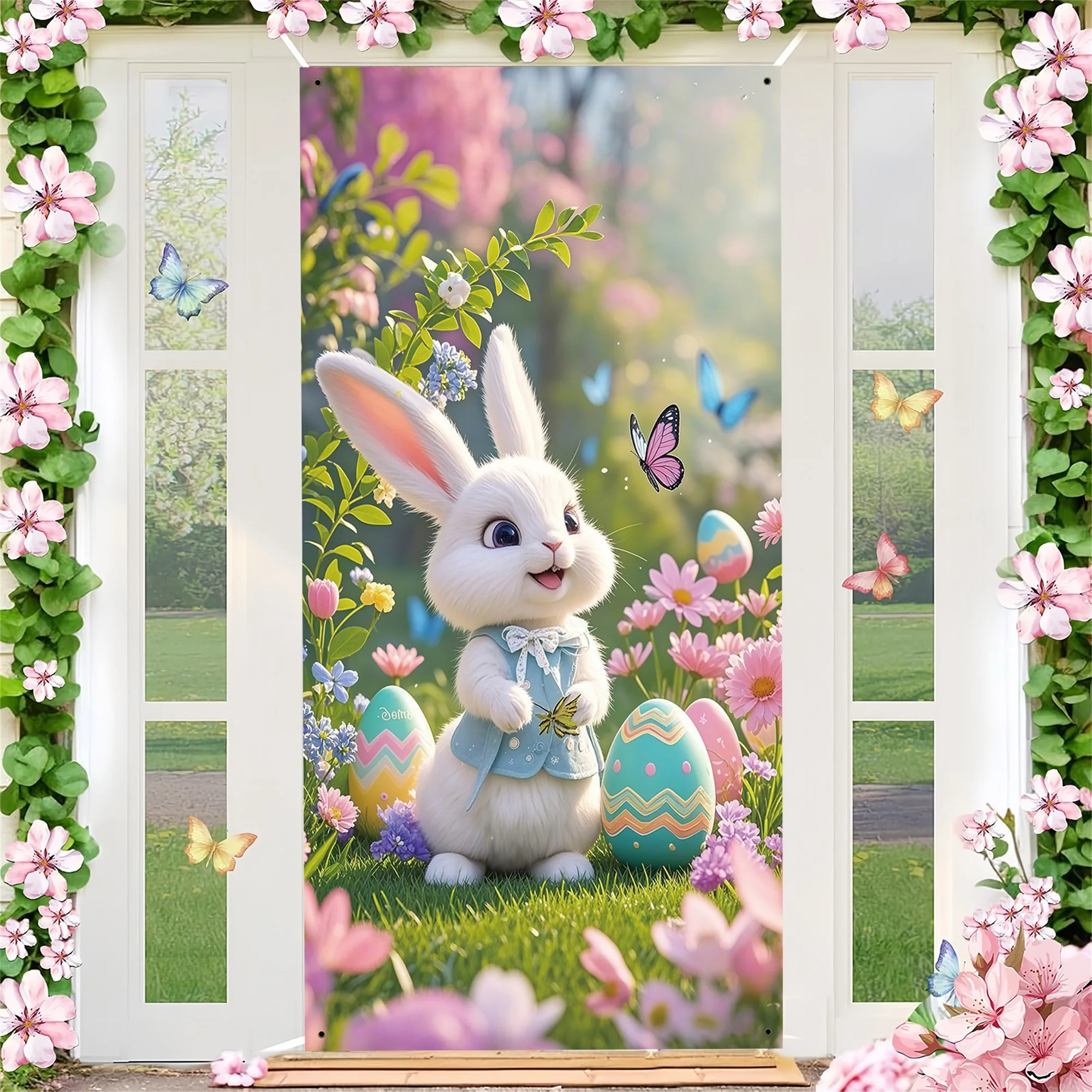 Easter Bunny Door Cover Creative Holiday Colorful Porch Banner for Home Office School Party Decor