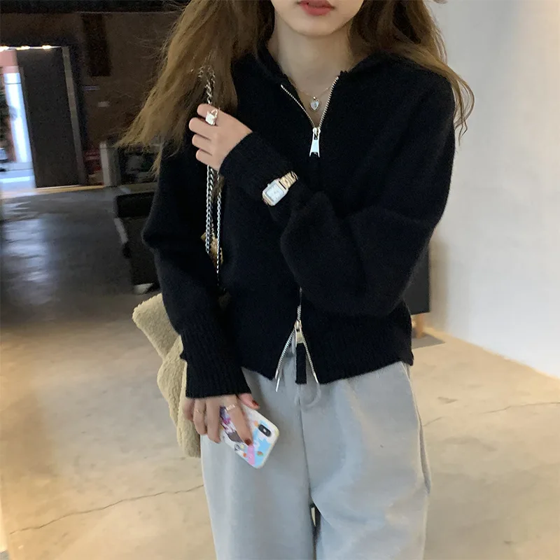 Cropped Knitted Sweater Long Sleeve Hoody Cardigan