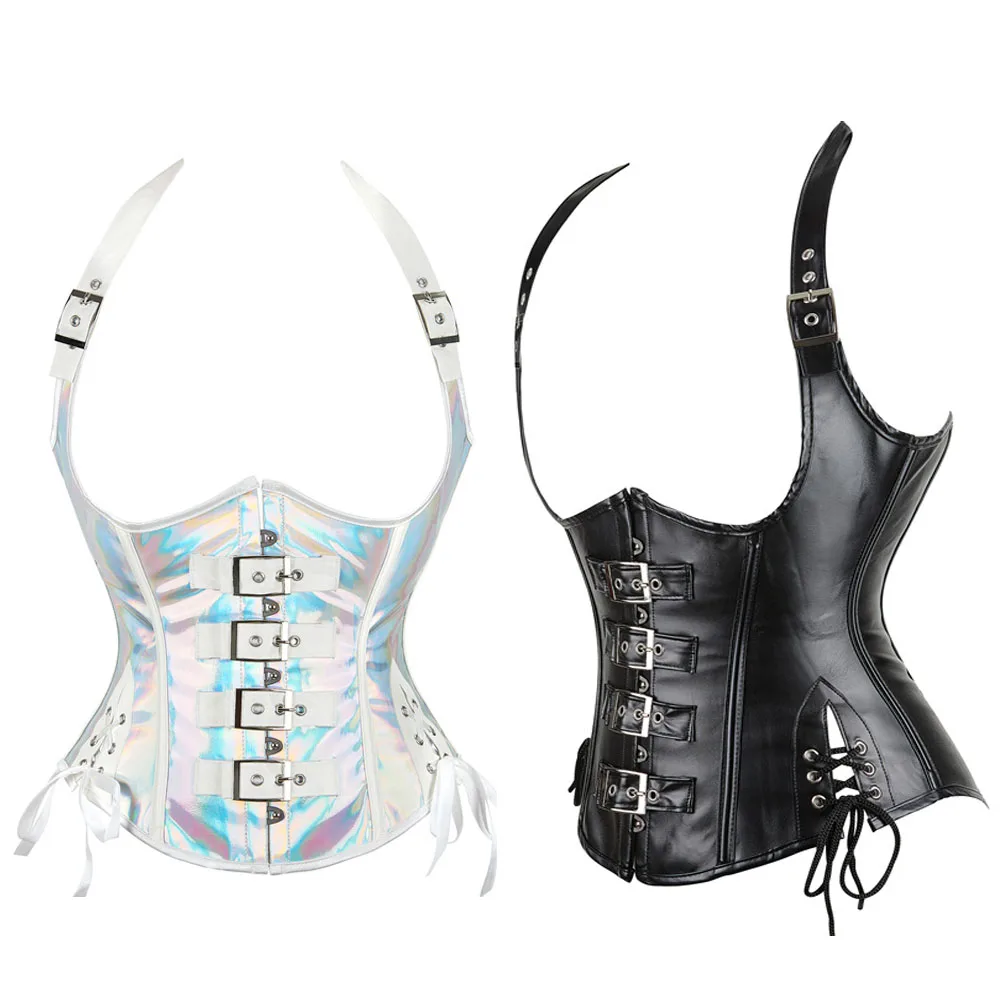 

Women Corset Sexy PU Waist Trainer Up Satin Steel Boned Underbust Waist Cincher Vest with Straps Corset Underbust Shaper