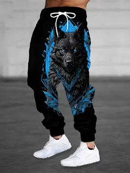 Tasche laterali da uomo stampate con lupo animale Pantaloni sportivi con coulisse elastica Pantaloni da jogging Pantaloni casual Outdoor Street Autunno Inverno 1