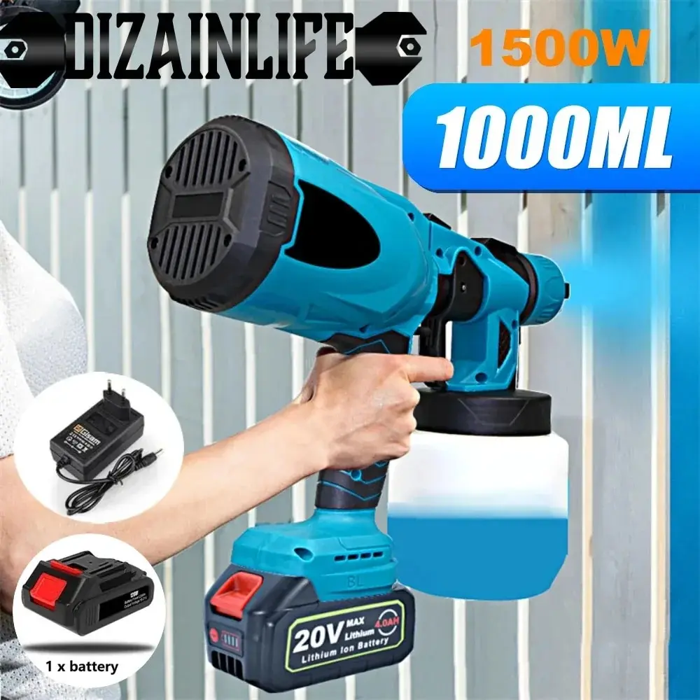 전기 스프레이건 고출력 무선 페인트 분무기, HVLP 자동 가구 스틸 코팅 에어 브러시, Makita 18V 배터리용, 1000ml 