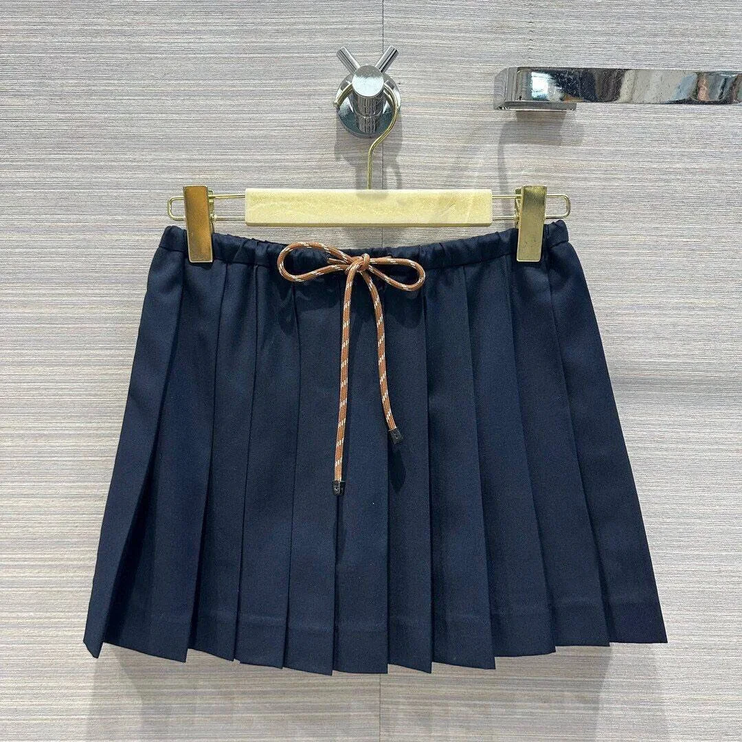 

2024 New Fashion Summer Lace-up Elastic High Waist Pleated Mini Skirt Women Sweet Preppy Style Navy Color Skirts