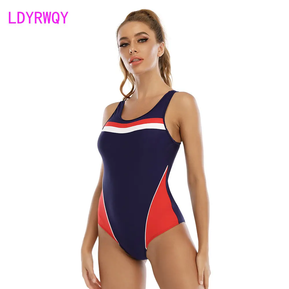 

2023 new sports one-piece swimsuit women's European and American conservative color-blocking multi-color bikini