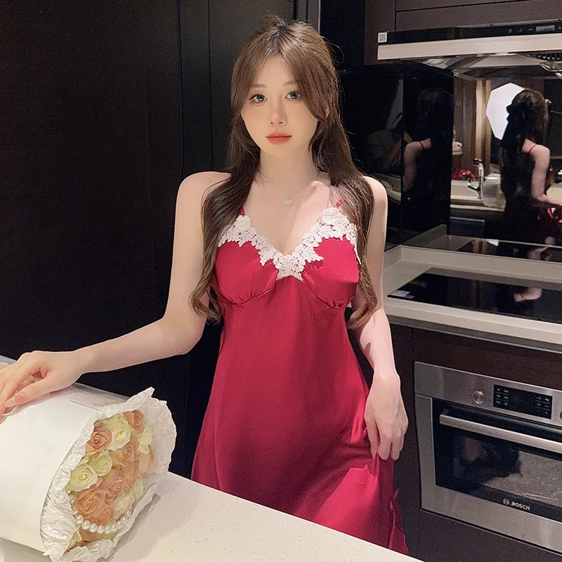Silk Nightgown Night Dress Women Sexy Sleepwear Mini Dress Loungewear Lace Chest Pads Kawaii Clothes Pajamas Night Wear Korean