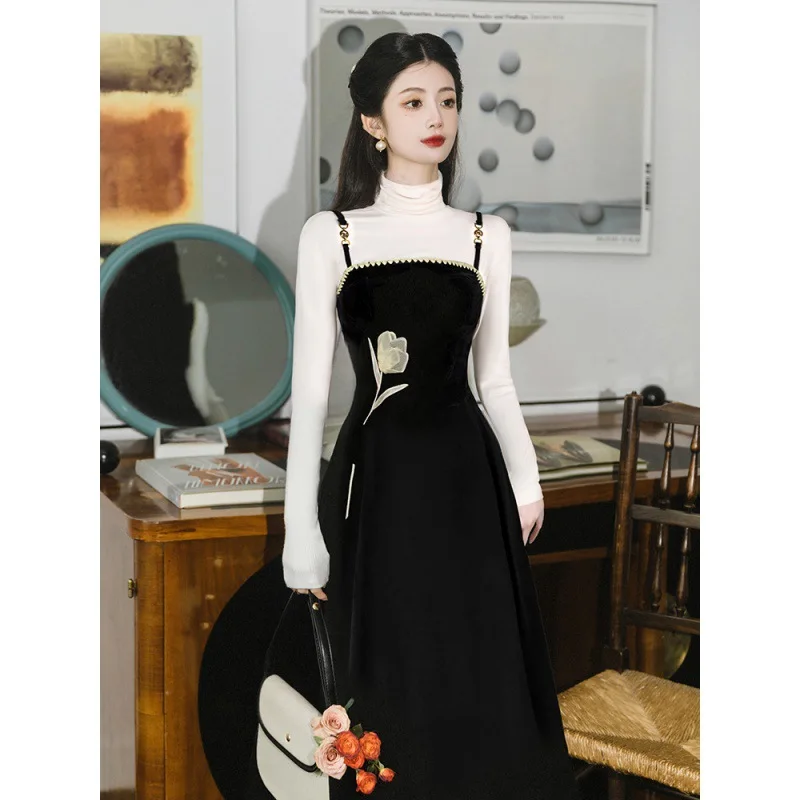 

French Academy Style Slim Fit, Hepburn Style Black Temperament Strap Dress Set 2024 New Women's
