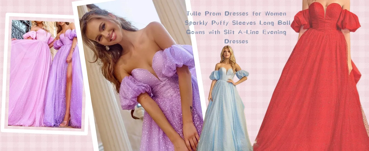 Tulle Prom Dresses for Women 2024 Sparkly Puffy Sleeves Long Ball Gowns with Slit