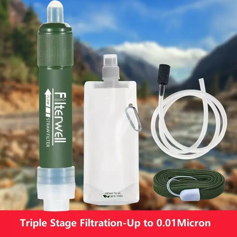 Portable Water Filter for Camping, 0.1 Micron Survival Purifier Bag, Emergency Outdoor Hiking Gear with 3-Stage Filtration