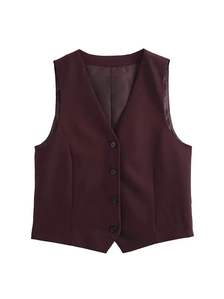 HH Women Fashion Burgundy Vest Single Breasted Sleeveless Vest Top 2025 New Fashion Woman Casual Office Lady Chic Tops