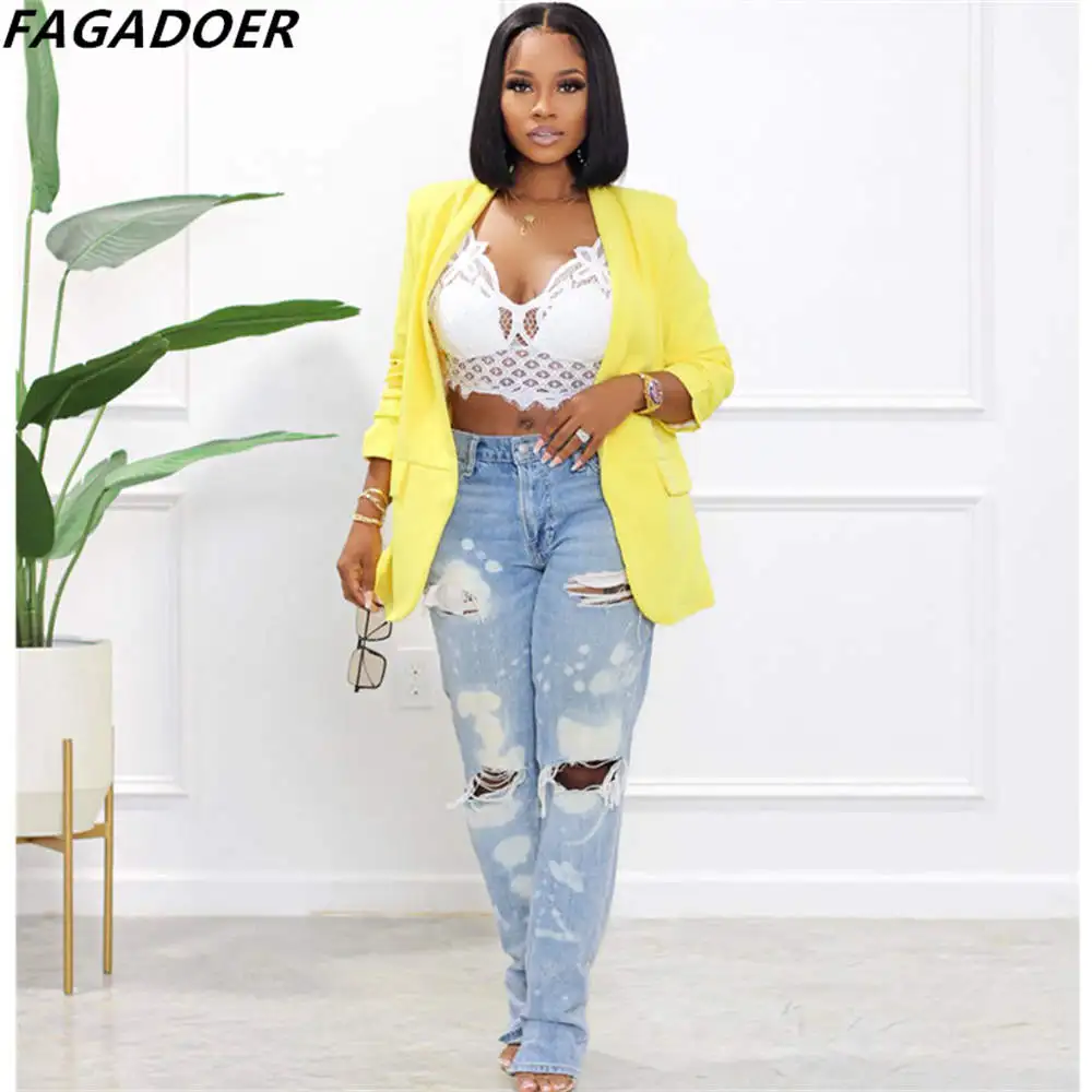 FAGADOER Fall Winter Casual Solid Pleated Coats Women Turndown Collar Long Sleeve Cardigan Tops Elegant Office Lady Jackets 2022