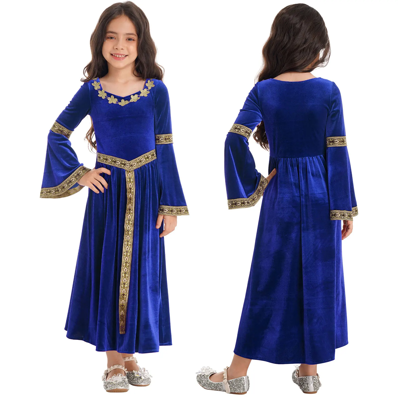 Cosplay Costume Kids Girls Medieval Renaissance Princess Costume Velvet Long Flare Sleeve Vintage Dress Gown Carnival Party Cosplay Dress Up