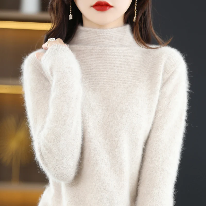 

Spring, Autumn, and Winter New Pure Mink Fleece Knitwear Women's Half High Neck Pullover Solid Color Sweater Top