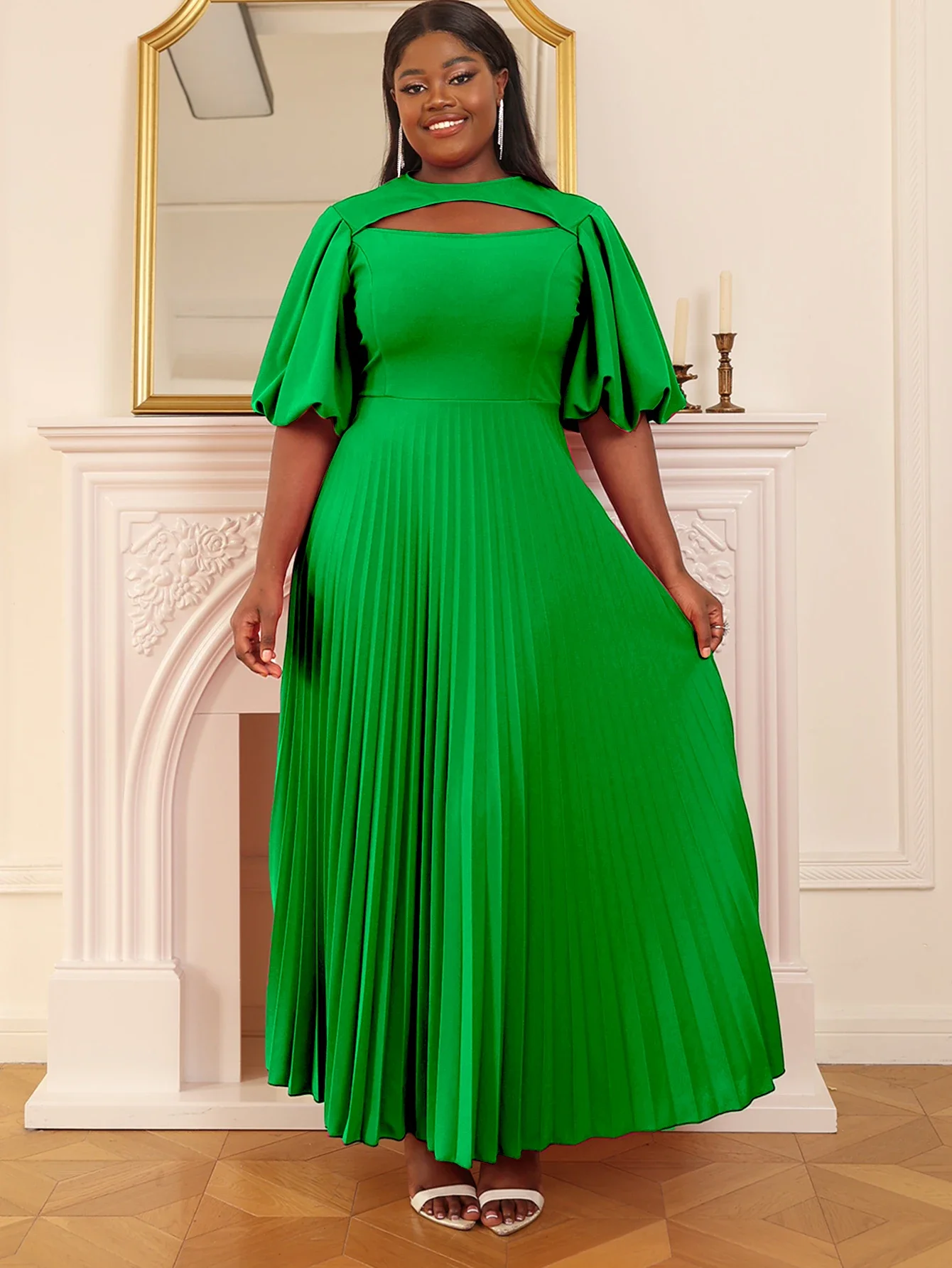 Woman-Sexy-Cut-Out-Dresses-Green-Pleated-Evening-Night-Crew-Neck-Dress ...