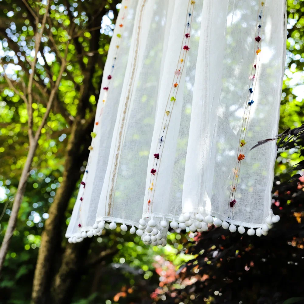 Faux Linen Stripe Pattern Sheer Curtains for Kitchen Embroidered Colorful Rainbow Sheer Voile Short Window Drapes