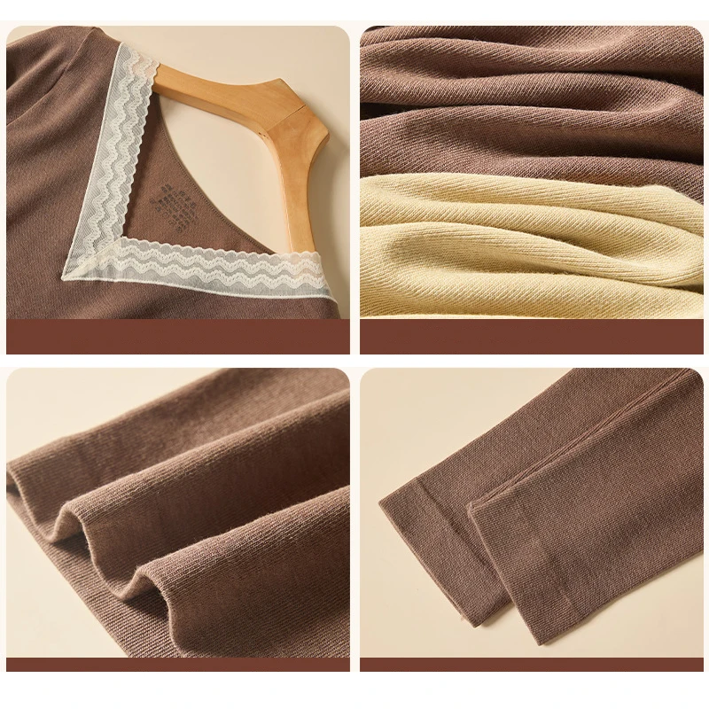 Thermal Underwear Set Sexy Lace Woman Winter Clothing Wool Cotton V-neck Seamless Thin Warm Tops Pants Leggings Thermo Underwear - 6