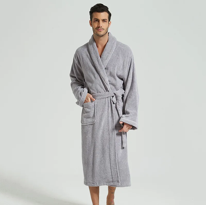 

Men's Terry Bathrobe Luxury Turn Down Collar 100% Cotton Kimono With Sashes Solid Bath Robe Pockets Dressing Gown For Male