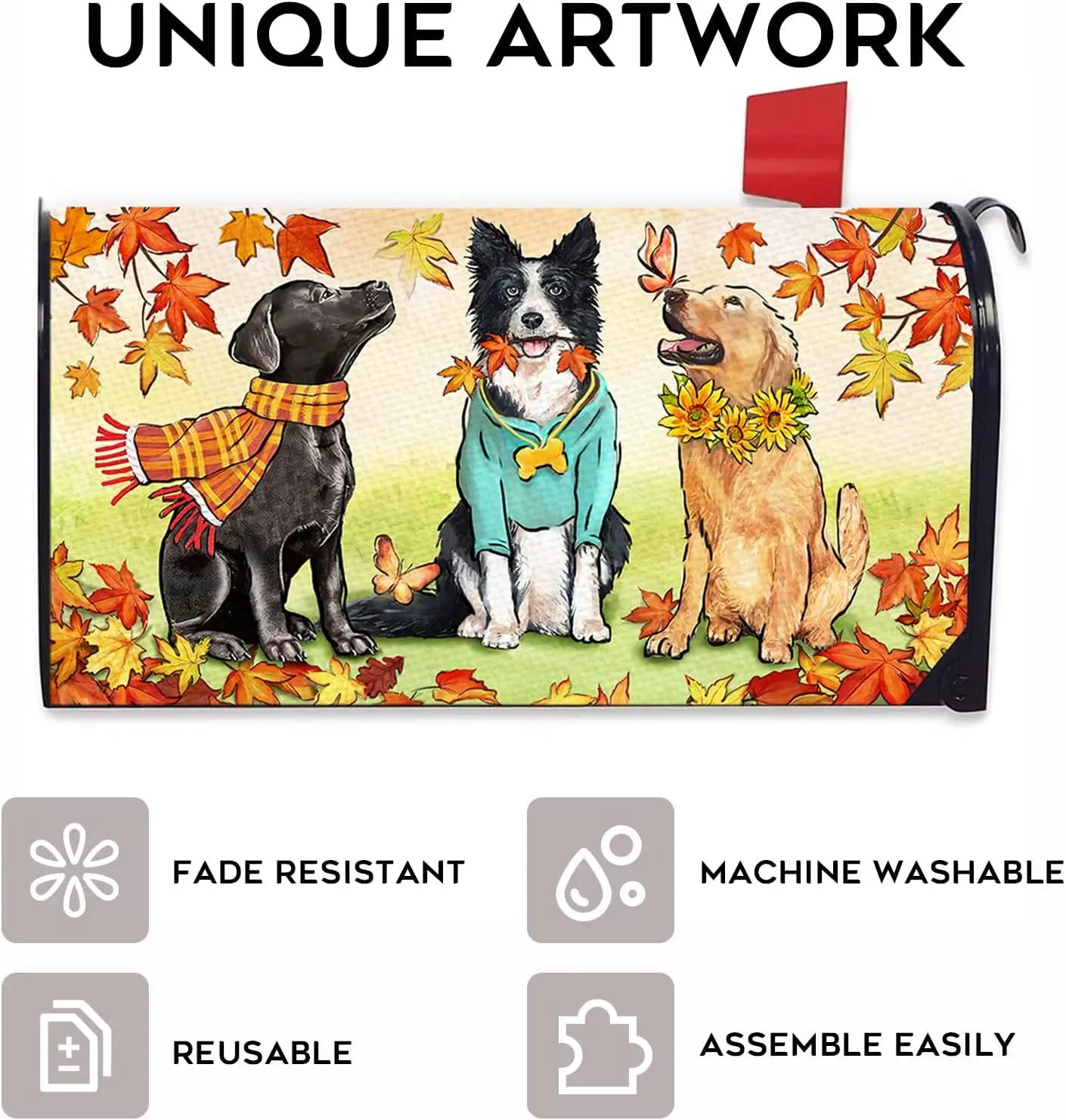 Fall Dogs Mailbox Cover Magnetic Standard Size Autumn Maple Leaves Golden Retriever Puppy Decorative Post Letter Box Decor