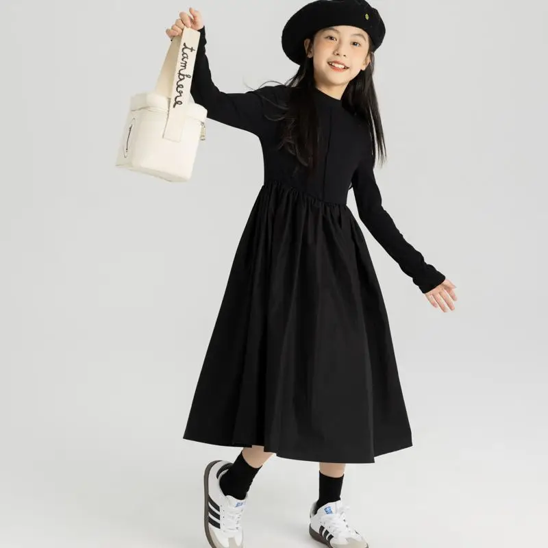 

Girls Black Green Dresses 2024 Autumn Spring New Children Knitted Patchwork Clothing Fashionable Kids Princess Dress Long Sleeve