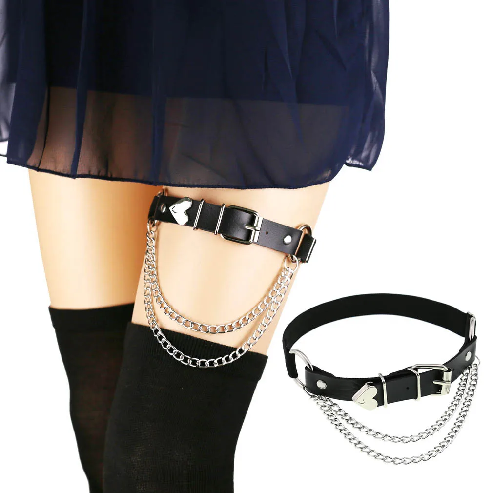 

Punk Gothic PU Leather Irregular Garter with Personality Peach Heart Love Chain Elastic Thigh Ring