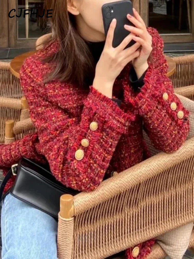 CJFHJE Tassel Red Winter Tweed Suit Jackets Women Casual Short Outerwear Tops Vintage Button O-Neck Long-Sleeved Blazers Female