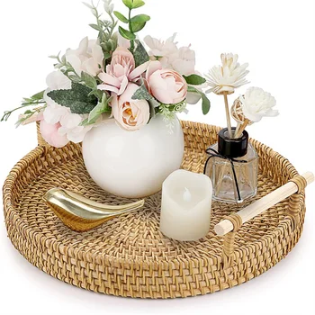 Handwoven Rattan Storage Tray Basket With Wooden Handle Bread Basket Tray Fruit Wicker Tray Coffee Table Decorative Tray 1