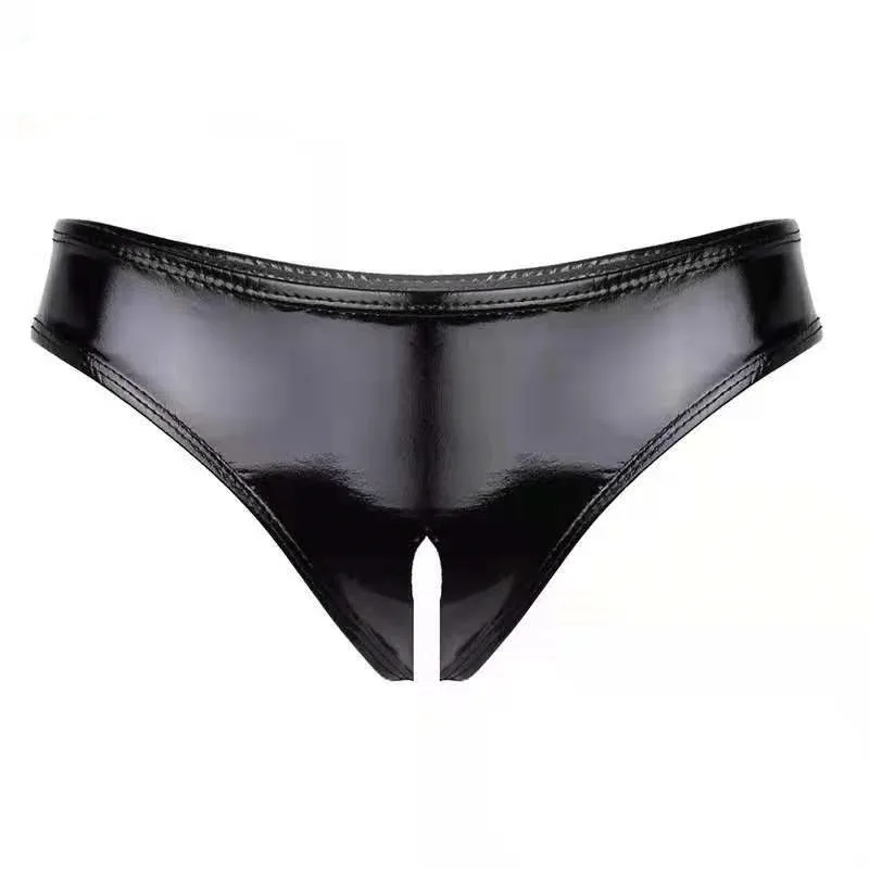 Women Crotchless Shorts Erotica Open Crotch Leather Briefs Crochless Show Hips Knickers Hollow Out Bondage Panties Black Elastic Pants Erotica Lingerie