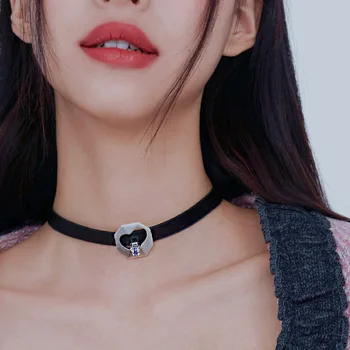 Amorcome Harajuku Punk Love Heart Charm with Purple Crystal Faux Leather Collar Choker Necklace Jewelry