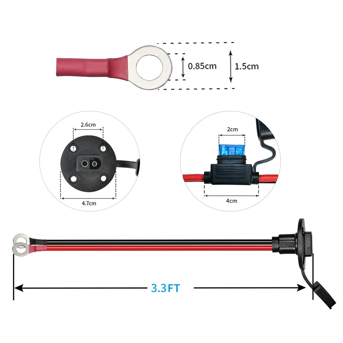 3.3피트 10AWG SAE 전원 소켓 측벽 포트 - O 링 커넥터 연장 코드 케이블 (10A, 15A, 20A, 25A, 30A 퓨즈 포함, 태양광용)