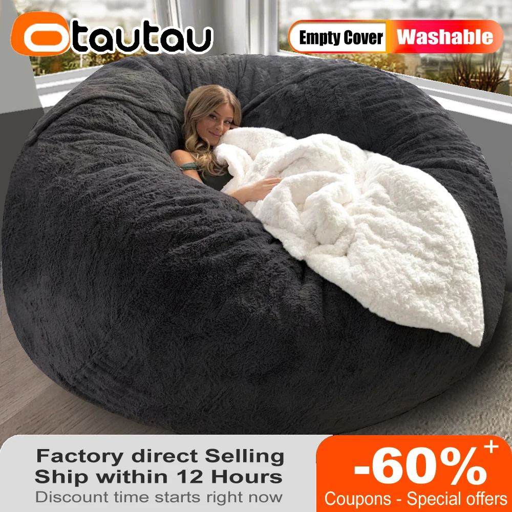 OTAUTAU 5ft Giant Fluffy Bunny Fur Beanbag Pouf Cover Without