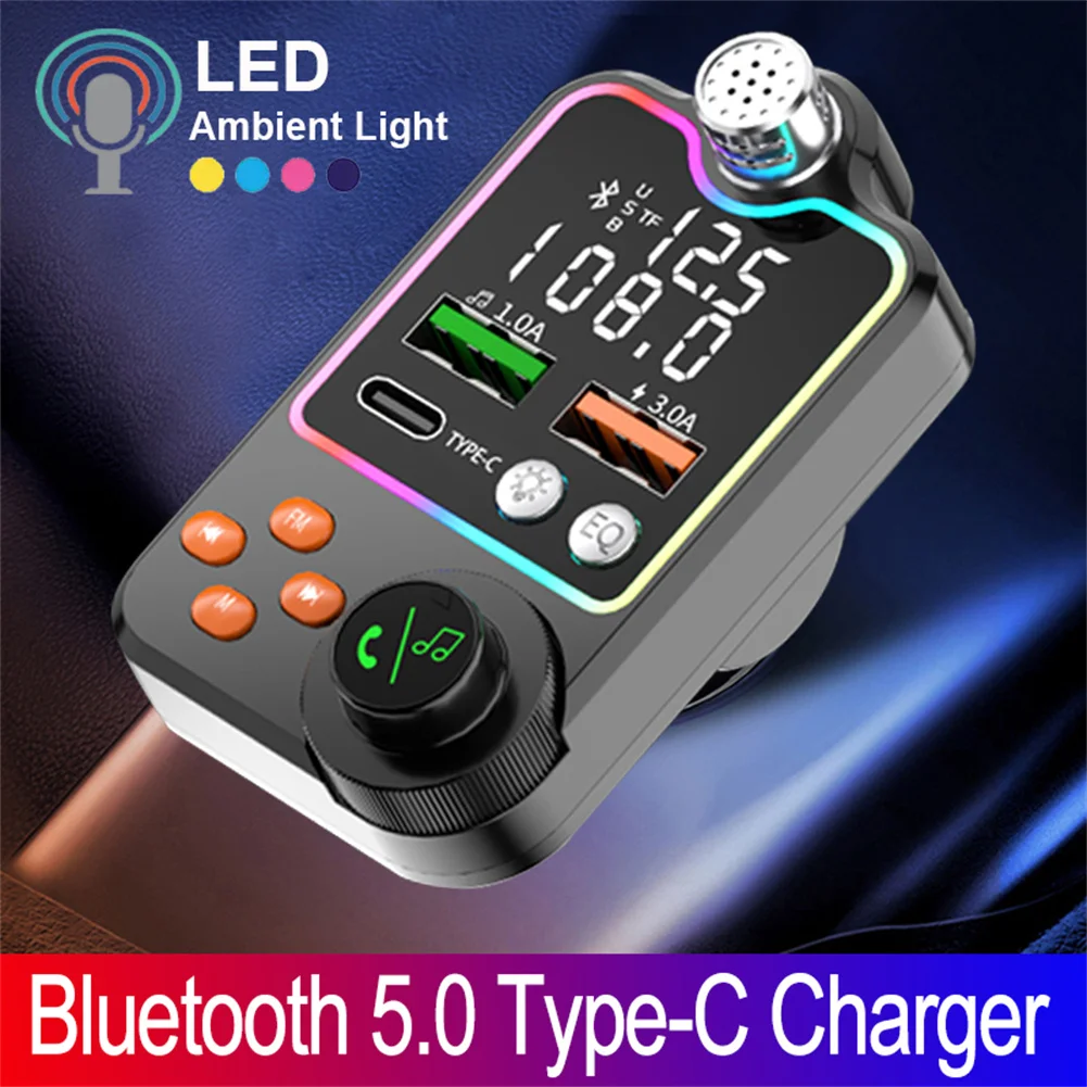 Car Bluetooth-compatible 5.0 FM Transmitter One Key Bass Mp3 Player Large  Microphone USB Music Play USB3.0 PD Quick Charger