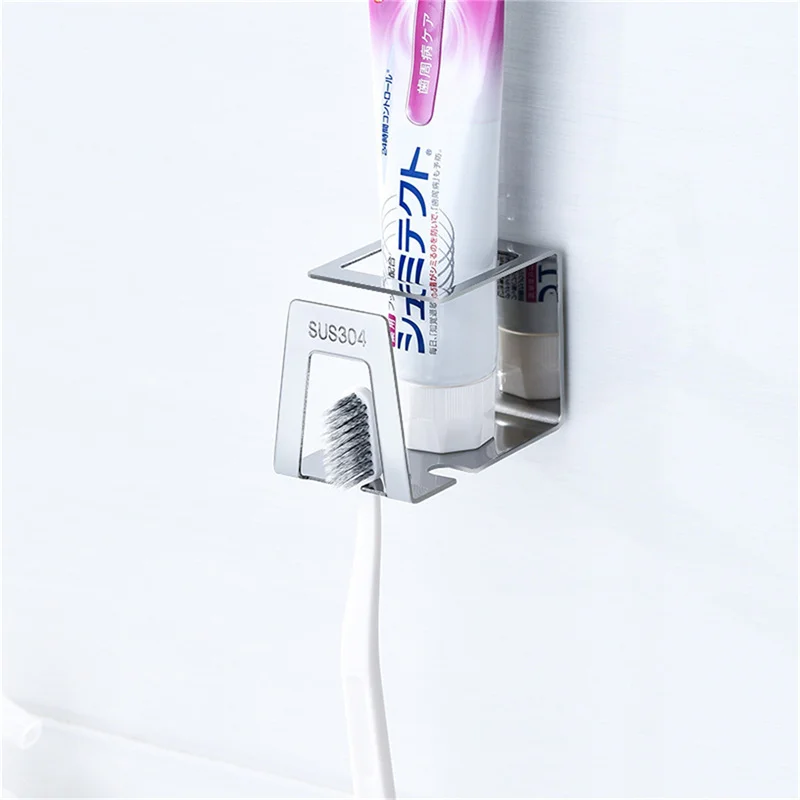 Self-adhesive Wall Mount Stainless Steel Toothbrush Holder Punch-free Toothpaste Organizer Mouthwash Cup Stand Bathroom Tools