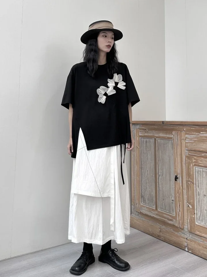 Summer Thin Short Sleeve T-shirt round Neck Flower Design Loose and Irregular Split Slimming Half Sleeve T-shirt
