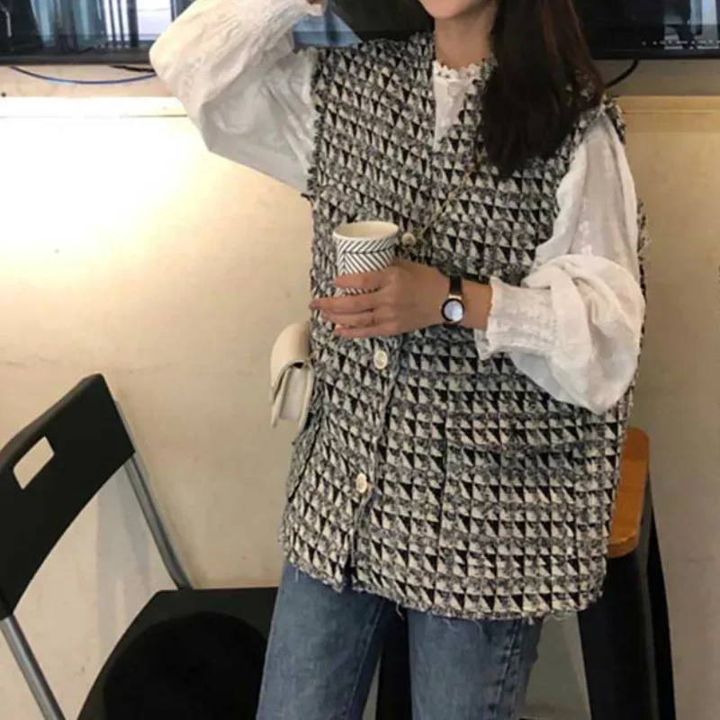 Autumn Set Women Tweed Grid Vest Jacket + Long Sleeve Soild V-Neck Shirt Female Fashion Elgant Suit Girl Tops Casual Streetwear