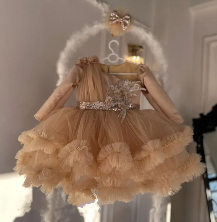 

Glitter Sequin Flower Girl Dresses Long Sleeve Appliques Toddler Birthday Party Princess Ball Gown Kid Size 12M 24M