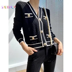 Special Jacquard Craft Knit Cardigan Jacket Women's Autumn College Style Short Sweater Black V-neck Outer Long Sleeve Top