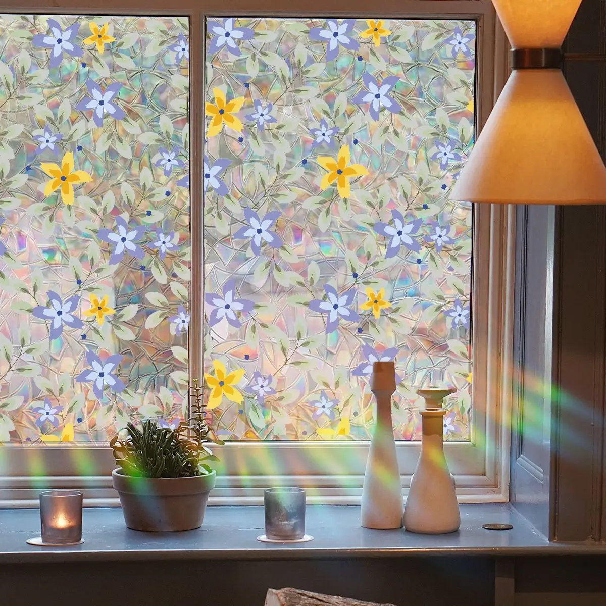 Reusable Static Cling Window Stickers 100cm Colorful Flower Decals 2-Sided View Sunlight Effects Glass Decor for Home/Shop