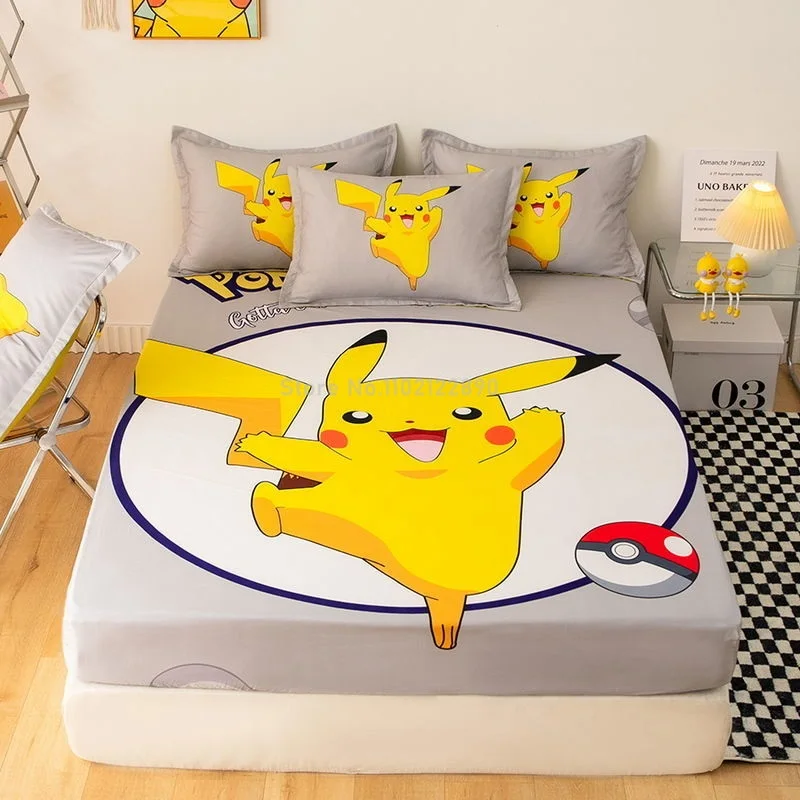 3Pcs Pokemon Bedsheet Pikachu Anime Bed Sheet Fitted Sheet with Elastic
