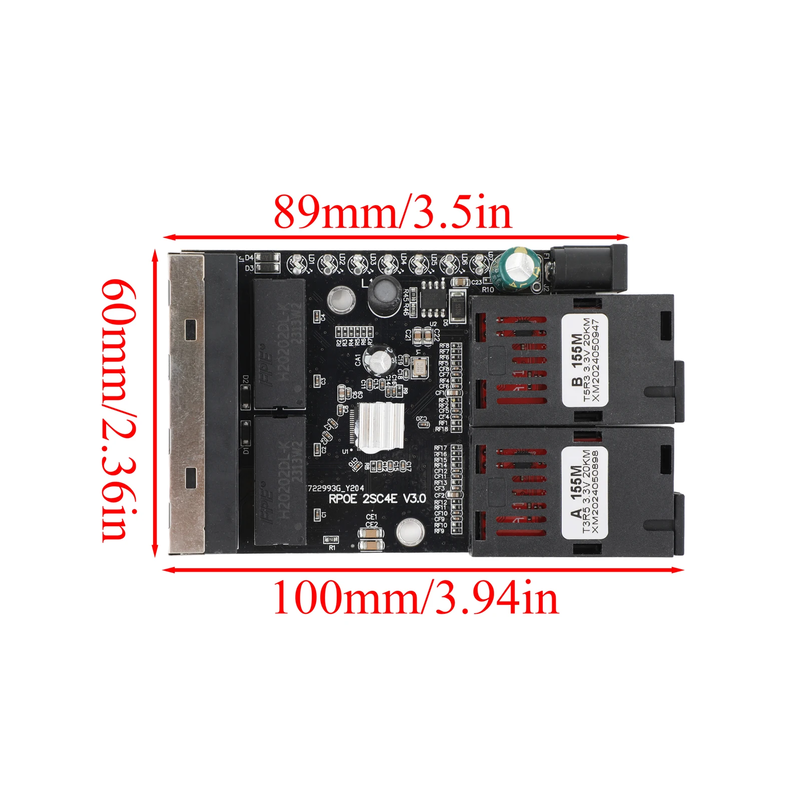 PCBA Board Fiber Optic Media Converter 100M 4 RJ45 to 2 SC A + B Optic Connector 1310nm/1550nm Ports 20KM Ethernet Switch Black fiber optical media converter
