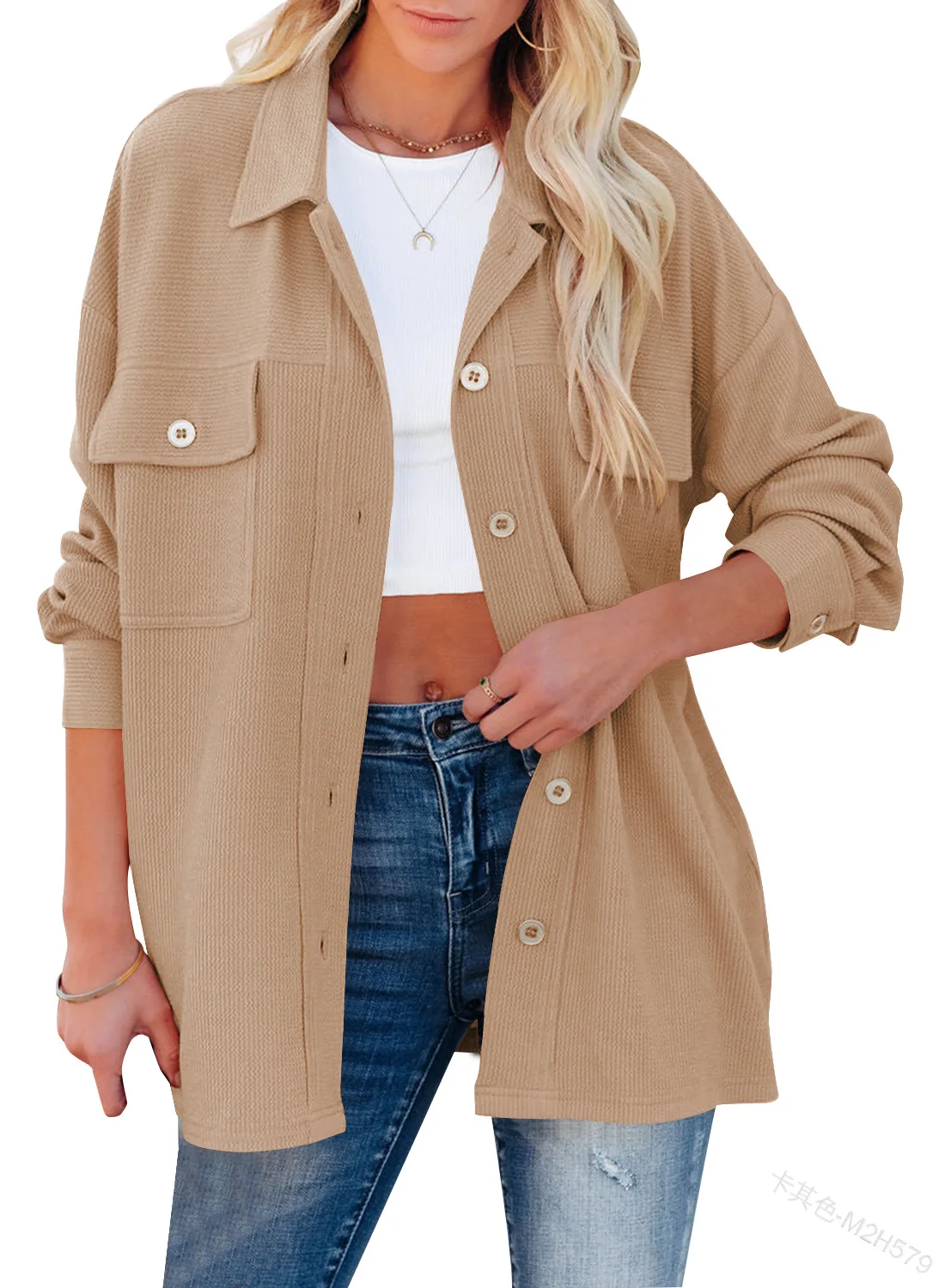 

Women Polo Neck Solid Color Single Breasted Shirt Jacket Fashion Long Sleeve Pocket Spring And Summer Casual Casual Top