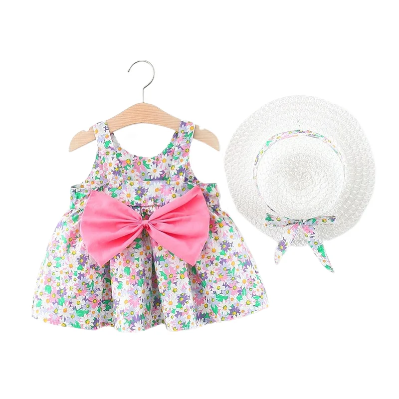 

Summer Baby Girl Beach Dresses Casual Fresh Fragmented Flowers Cute Bow Flower Princess Dress With Sunhat Newborn Clothing Set