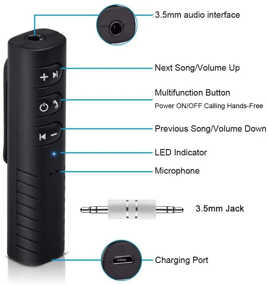 3.5mm Aux Adapter Bluetooth 5.0 Stereo Audio Wireless Receiver for Wired Headphones Car Home Hands-Free Calling Music