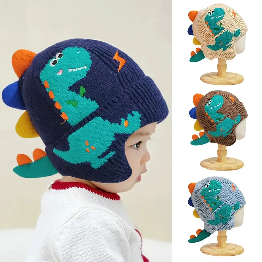

3D Dinosaur Baby Boy Hat Unisex Cartoon 2-6Y Beanie Hats Warm Knit Earflap Caps Winter