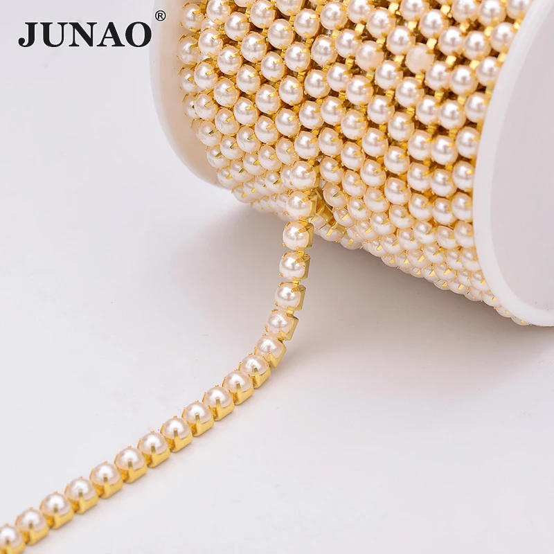 

JUNAO 10 Yards SS6 SS12 SS16 Gold Silver Claw Base Pearl Rhinestones Cup Chain Sew On Glass Crystal Trim for Needlework