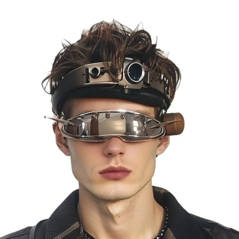 Cyberpunk Rivet Goggles - Retro-Futuristic Steampunk Mask with Interchangeable Lenses for Cosplay & Cycling Fashion (Unisex)
