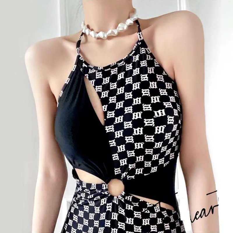 2023 New Summer Fashion Hanging Neck Plaid Band Printing Hollow Out Pure Sexy Backless Beach Hot Spring Swimming Bikini Set