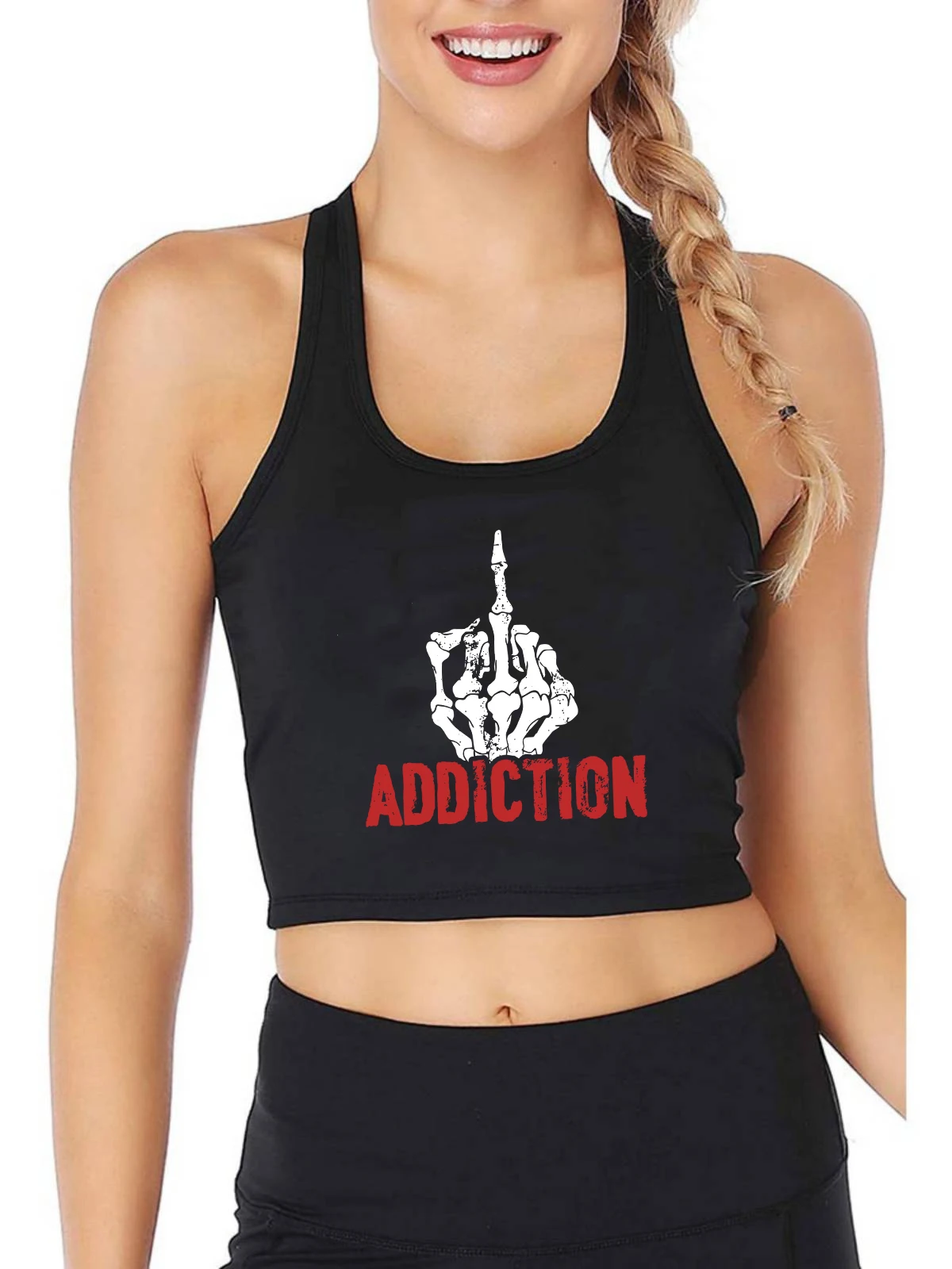 

Addiction Funny Middle Finger Design Tank Tops Women's Breathable Sexy Slim Fit Crop Top Gothic Street Style Camisole