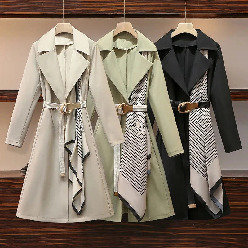 

2022 New Turn-Down Collar Trench Coats Belt A-Line Slim Waist Women Windbreakers Fashion Elegant Autumn Ladies Midi Overcoat