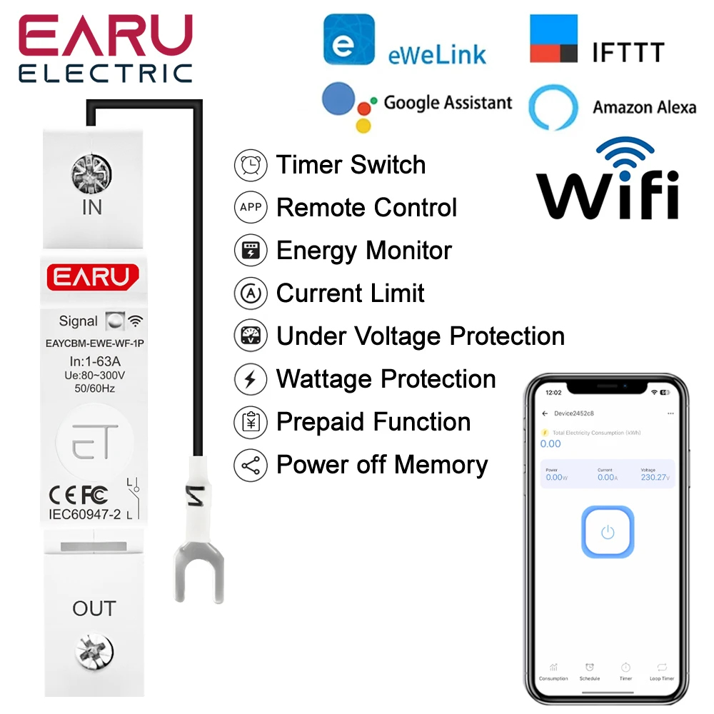 eWeLink WiFi MCB Smart Circuit Breaker 1P 63A Switch Energy Meter Timer Relay kWh Voltage Current Protector Voice Remote Control